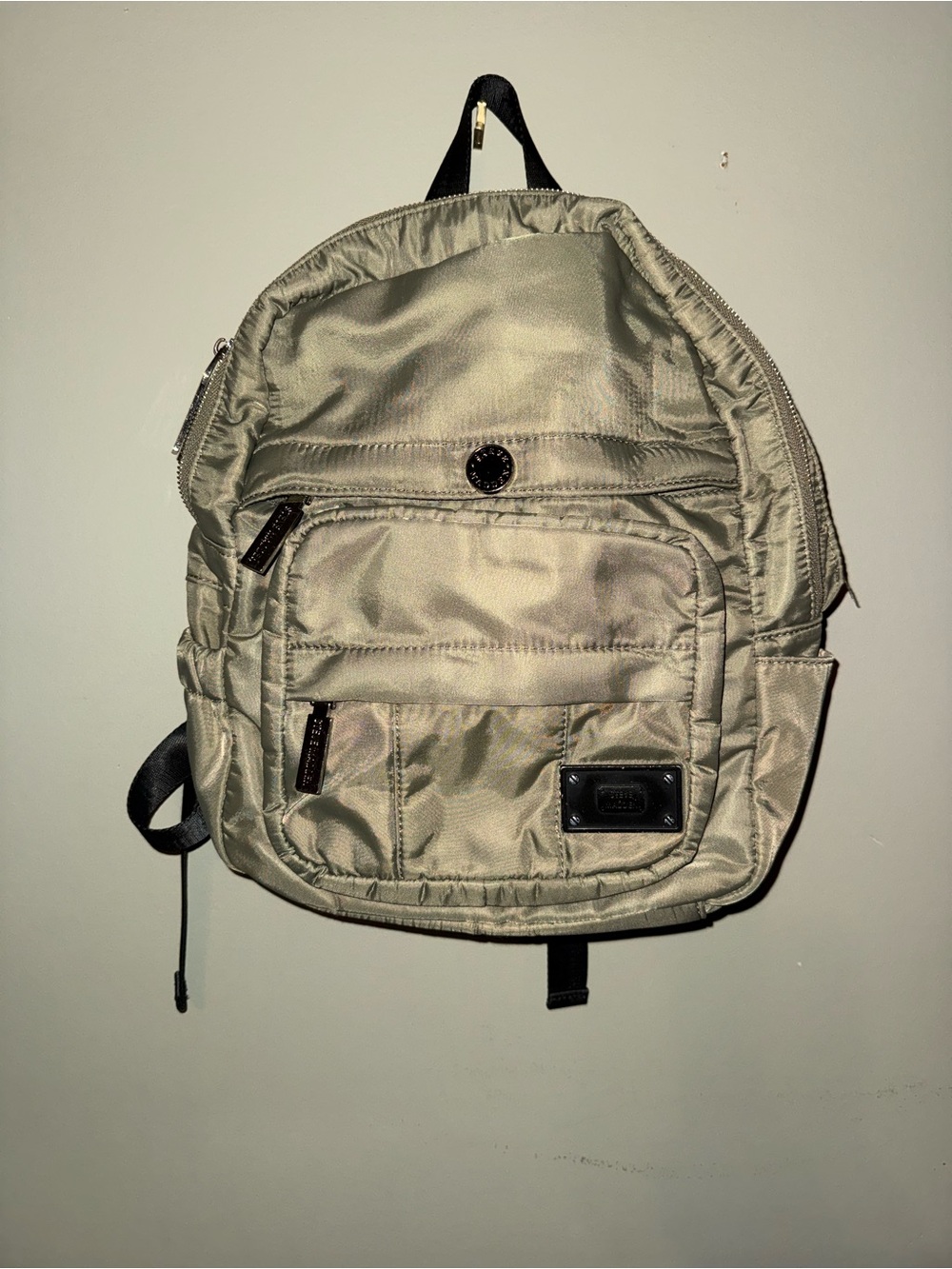 Steve Madden Light Beige Nylon Backpack with Front Zip Pockets